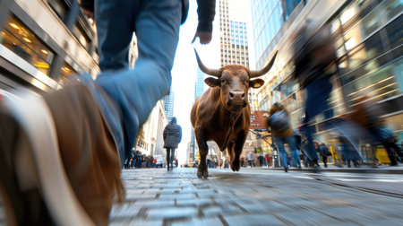 A striking urban scene showcasing a brown bull walking through a bustling city street filled with pedestrians. The contrast between nature and urban life creates a unique perspective.の素材