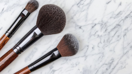 This elegant image features a carefully arranged set of makeup brushes on a smooth marble surface, highlighting the artistry and precision involved in cosmetics application.の素材