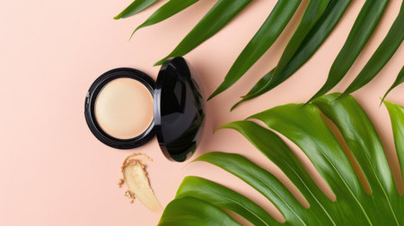 A beauty product elegantly displayed with lush tropical leaves on a soft pastel background, perfect for showcasing natural cosmetics in advertising.の素材
