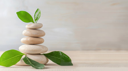 This serene image features a stack of smooth stones complemented by fresh green leaves, creating a calming atmosphere ideal for meditation and relaxation.の素材