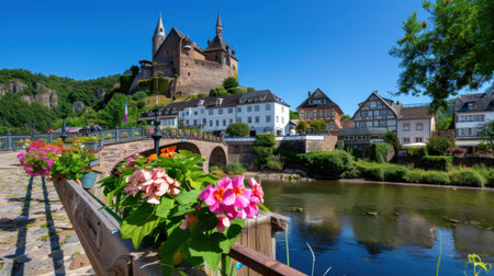 This stunning image captures a historic castle overlooking a charming village, adorned with colorful flowers by the riverside, showcasing a vibrant scene under a clear blue sky.の素材