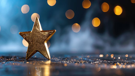 A shimmering gold star stands out against a blurred background of soft bokeh lights, creating a magical and festive atmosphere perfect for celebrations.の素材