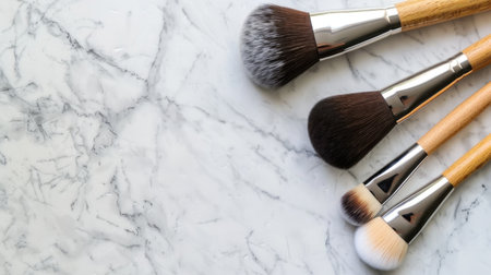A beautiful arrangement of makeup brushes with wooden handles displayed on a marble surface. Perfect for beauty and cosmetic projects or marketing materials.の素材
