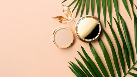This serene flatlay showcases elegant cosmetic products with gold accents on lush green palm leaves, set against a soft pink backdrop, combining beauty and nature.の素材