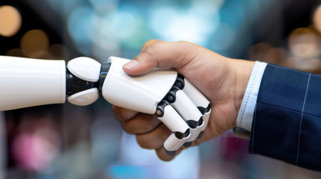 A close-up image of a human hand shaking hands with a robotic hand, symbolizing collaboration between humans and technology in the modern world.の素材