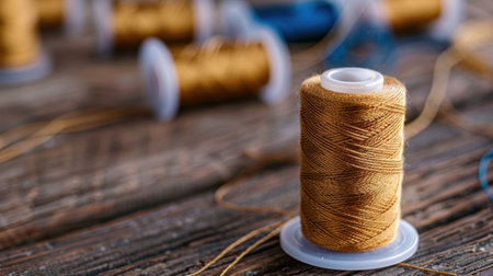 A detailed close-up image showcasing a golden sewing thread spool, set against a blurred backdrop of additional vibrant spools, perfect for crafting themes.の素材