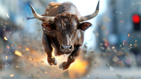 A stunning image of a bull leaping with great energy amid an urban background filled with dynamic motion and explosive effects, showcasing raw power and intensity.の素材