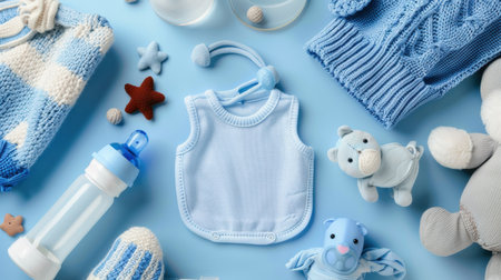 A charming display of baby accessories in lovely blue tones, showcasing toys, clothing, and essentials, ideal for new parents and adorable nursery themes.の素材