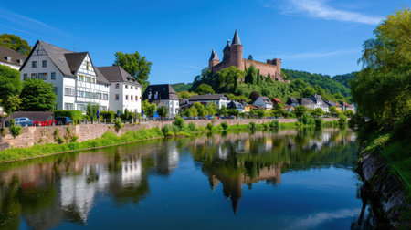 This stunning image showcases a picturesque castle rising majestically above a calm river, complemented by a quaint town adorned with lush greenery. The vibrant blue sky adds to the tranquil ambiance, making it a perfect scene for travel enthusiasts and nature lovers.の素材