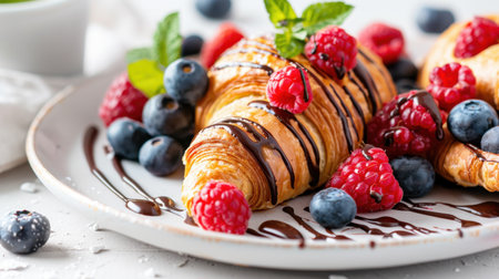 A beautiful arrangement of fresh croissants drizzled with chocolate sauce, topped with juicy berries and mint leaves, perfect for breakfast or dessert.の素材