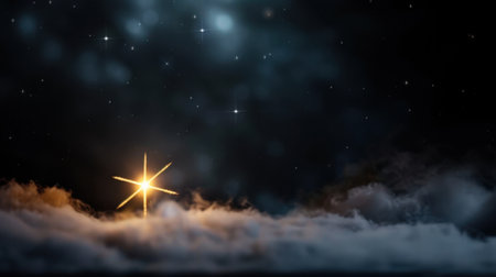 A radiant star shines brightly above soft, swirling clouds in a serene night sky, creating a captivating atmosphere filled with mystery and tranquility.の素材