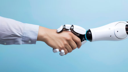 A human hand and a robotic hand engage in a handshake, symbolizing collaboration and partnership between humans and technology in a modern world.の素材