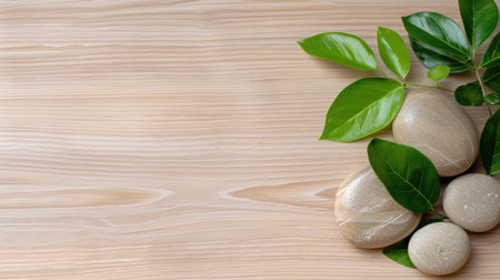 A serene arrangement featuring smooth natural stones and fresh green leaves on a light wooden surface, evoking tranquility and wellness themes in home decor.の素材