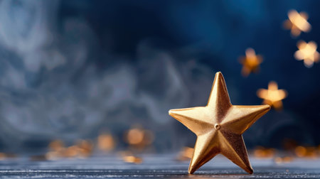 A beautiful golden star stands out against a soft, smoky backdrop, creating a dreamy bokeh effect. Ideal for themes of celebration and elegance.の素材