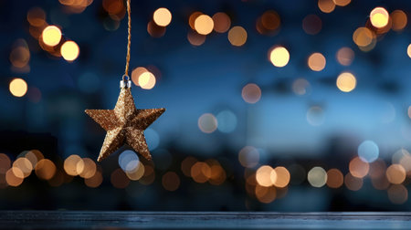 A shimmering star ornament hangs gracefully with a dazzling bokeh background, evoking warmth and festive cheer, perfect for holiday and celebration themes.の素材