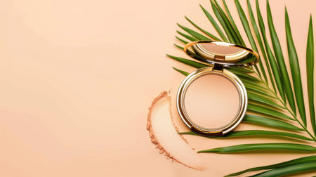 This elegant compact mirror features smooth powder and a vibrant green palm leaf, set against a soft peach background, perfect for beauty and makeup themes.の素材