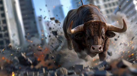 A powerful bull charges through an urban landscape, kicking up debris and dust in a dramatic scene filled with energy and intensity.の素材