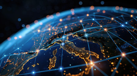 This digital illustration captures a nighttime view of Earth, highlighting connected networks and vibrant lights over the Mediterranean region, symbolizing global connectivity.の素材