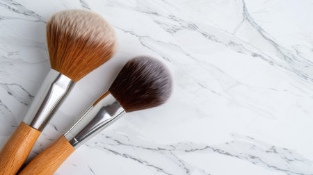 Two high-quality makeup brushes rest on a sleek, elegant marble surface, showcasing the beauty of artistry tools in a stylish and modern arrangement.の素材