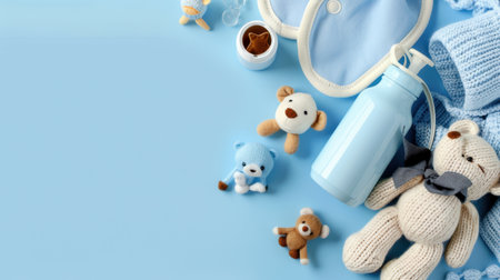 Explore a charming arrangement of baby essentials including soft toys, a bottle, and a cozy blanket on a light blue background, perfect for nursery decor.の素材