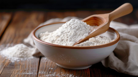 A close-up view of freshly milled flour displayed in a bowl with a wooden scoop. The rustic wooden table enhances the kitchen atmosphere, perfect for baking.の素材