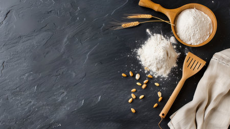 An artistic depiction of freshly milled flour alongside natural ingredients and wooden utensils, perfect for culinary enthusiasts and cooking artistry.の素材