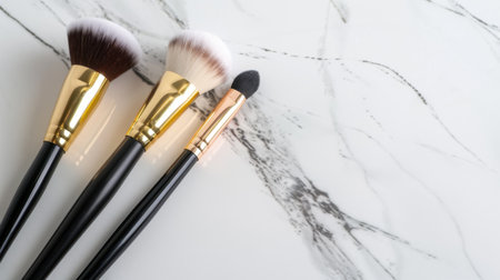 Discover a stunning collection of makeup brushes showcased against a sleek white marble background, perfect for beauty enthusiasts and professionals alike.の素材