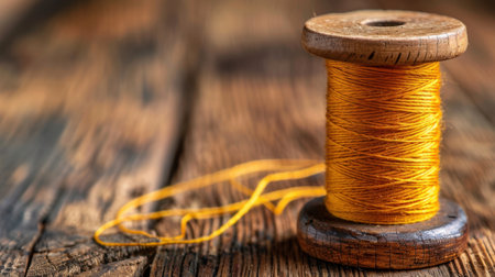 A bright yellow thread neatly wound around a wooden spool rests on a rustic wooden surface, emphasizing creativity and craftsmanship in sewing projects.の素材