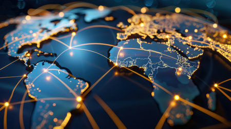 This visually striking image displays a detailed world map illuminated with bright lines representing global connectivity and communication. The abstract design symbolizes data flow and technological advancements across continents.の素材