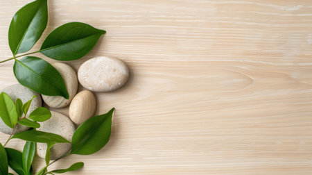 A tranquil composition featuring smooth stones and fresh green leaves arranged on a light wood background, perfect for themes of wellness and relaxation.の素材