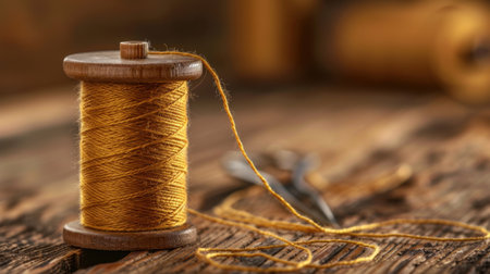 This image features a close-up view of a spool of yellow thread alongside a pair of scissors, set against a rustic wooden background. Perfect for showcasing crafting and sewing.の素材