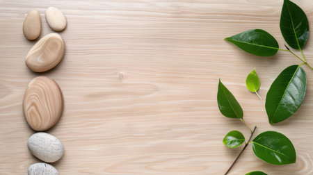 A serene display of smooth stones and vibrant green leaves arranged on a light wooden surface, symbolizing peace and natural beauty for wellness themes.の素材