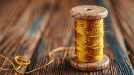 A macro shot of a wooden spool filled with vibrant yellow thread, resting on a textured wooden surface, ideal for craft and sewing projects.の素材