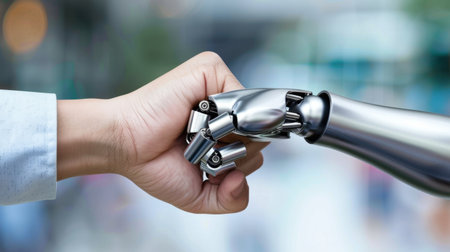 A human hand meets a robotic hand in a gesture of connection, symbolizing the collaboration between humanity and technology in the modern age.の素材