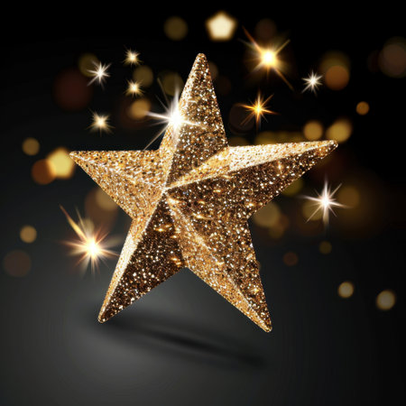 A stunning golden star sparkles against a dark background, surrounded by radiant lights and bokeh effects, creating a magical and festive atmosphere.の素材