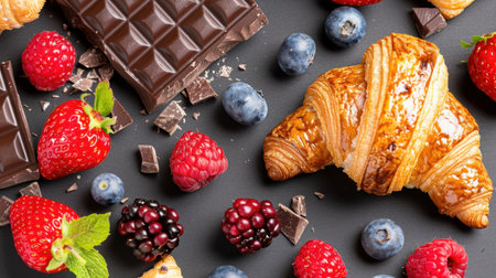 An appetizing arrangement of a flaky croissant, dark chocolate, and a variety of fresh berries on a dark background, ideal for dessert presentations.の素材