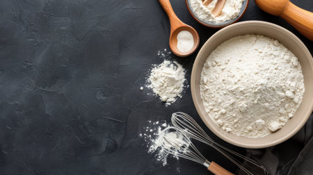 A beautiful arrangement of baking essentials including flour, a whisk, and measuring scoops on a dark textured surface, ideal for culinary inspiration.の素材
