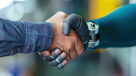 A human hand shakes a robotic hand, representing the partnership between humans and technology in a modern workspace, showcasing innovation and collaboration.の素材