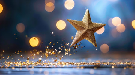 A dynamic image featuring a glittering gold star ornament suspended in motion amidst a soft, blurred bokeh background. Sparkling dust particles enhance the festive atmosphere, making it ideal for celebrations and seasonal decoration themes.の素材