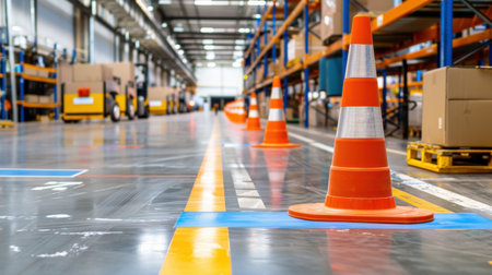 This image showcases bright orange traffic cones set along the aisle of a warehouse, emphasizing safety and organization in a busy industrial environment.の素材