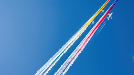 A stunning aerial display of airplanes creating vibrant smoke trails against a clear blue sky, showcasing artistic patterns in aviation.の素材