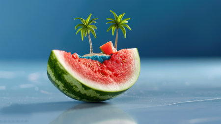 This imaginative image showcases a slice of watermelon featuring miniature palm trees, set against a striking blue background. Perfect for summer-themed visuals.の素材