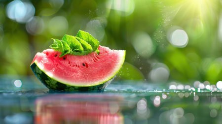 A vibrant slice of fresh watermelon garnished with mint leaves rests on a reflective surface, capturing the essence of summer freshness in a bright natural setting.の素材