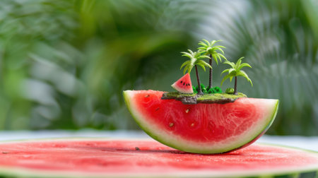 A whimsical scene featuring a slice of watermelon transformed into a miniature tropical paradise, showcasing tiny palm trees and vibrant colors, perfect for summer-themed designs.の素材