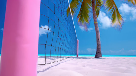Enjoy a picturesque beach scene featuring a vibrant volleyball net alongside a palm tree under a bright blue sky, perfect for summer activities.の素材