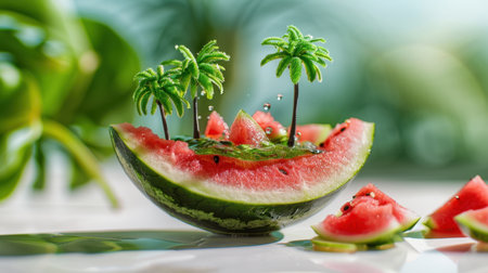 A creative and playful scene featuring a watermelon hollowed out to resemble a tropical island, complete with miniature palm trees, juicy fruit pieces, and water splashes.の素材