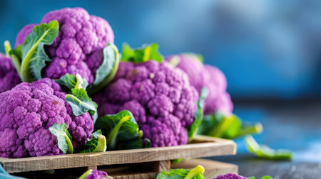 This vibrant image showcases fresh purple cauliflower in a wooden tray, surrounded by green leaves. The soft blue background emphasizes the colorful vegetable, ideal for culinary and healthy lifestyle themes.の素材