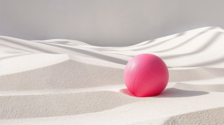 This captivating image features a vibrant pink ball positioned on a clean, white sandy landscape, showcasing minimalist beauty and softness.の素材