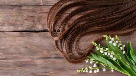 This captivating image features flowing brown hair strands elegantly draped alongside delicate lily of the valley flowers, set on a rustic wooden background.の素材