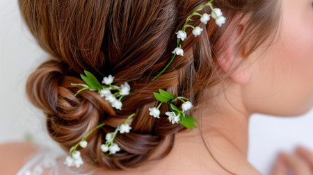 This stunning close-up features an elegant hairstyle embellished with delicate white flowers, perfect for weddings or special occasions.の素材